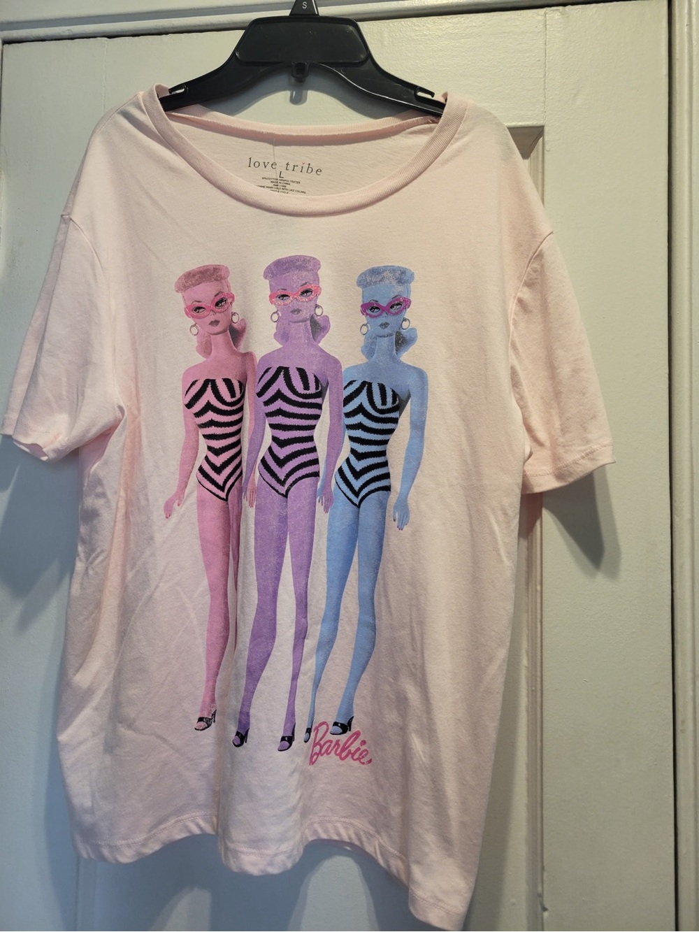 Hybrid Apparel Pale Pink Graphic Tee with Purple and Pink Barbie Dolls Size L